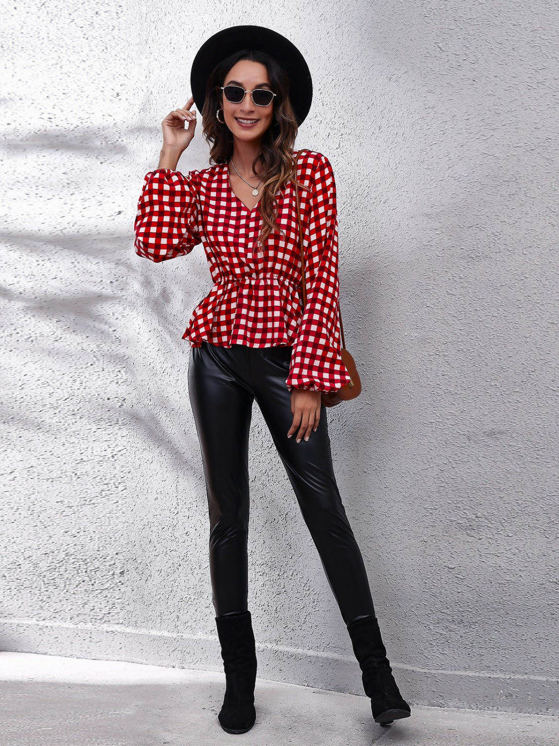 SORTYGO - Red Gingham Peplum Blouse in