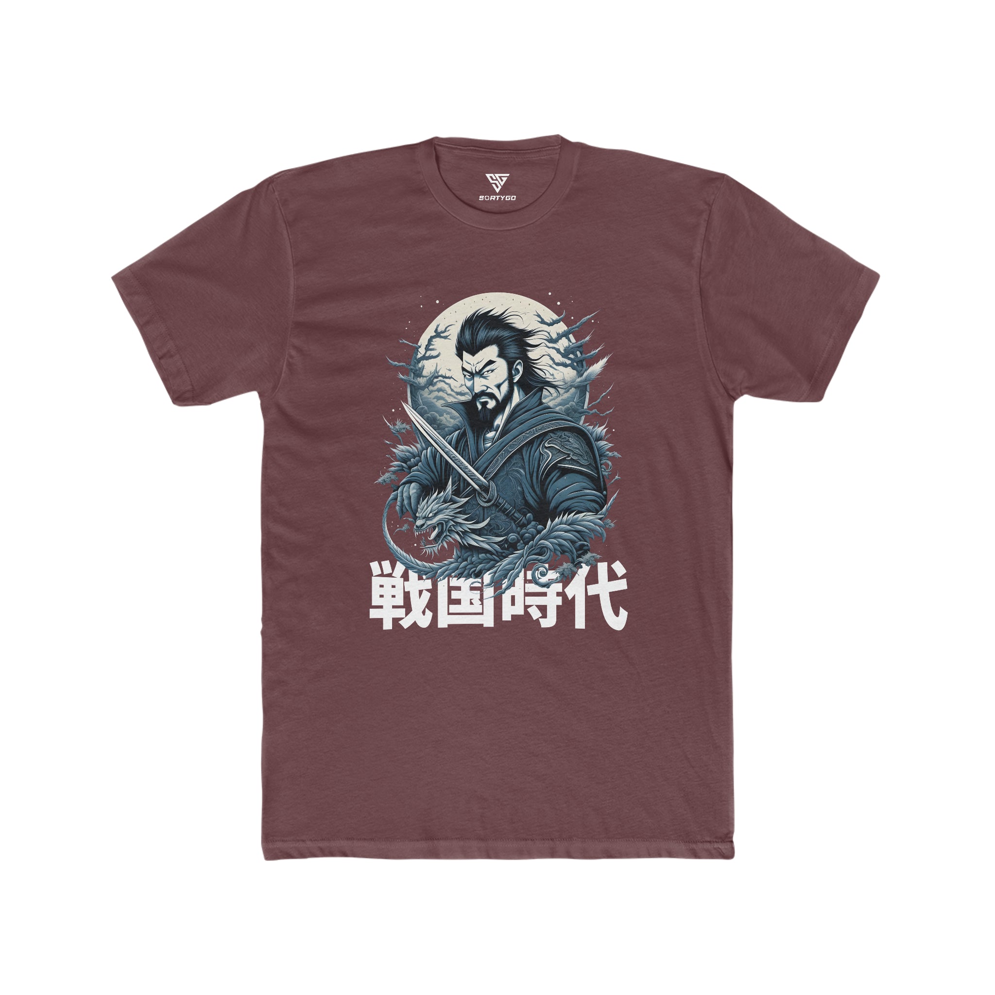 SORTYGO - Japanese Warrior Men Fitted T-Shirt in Solid Maroon