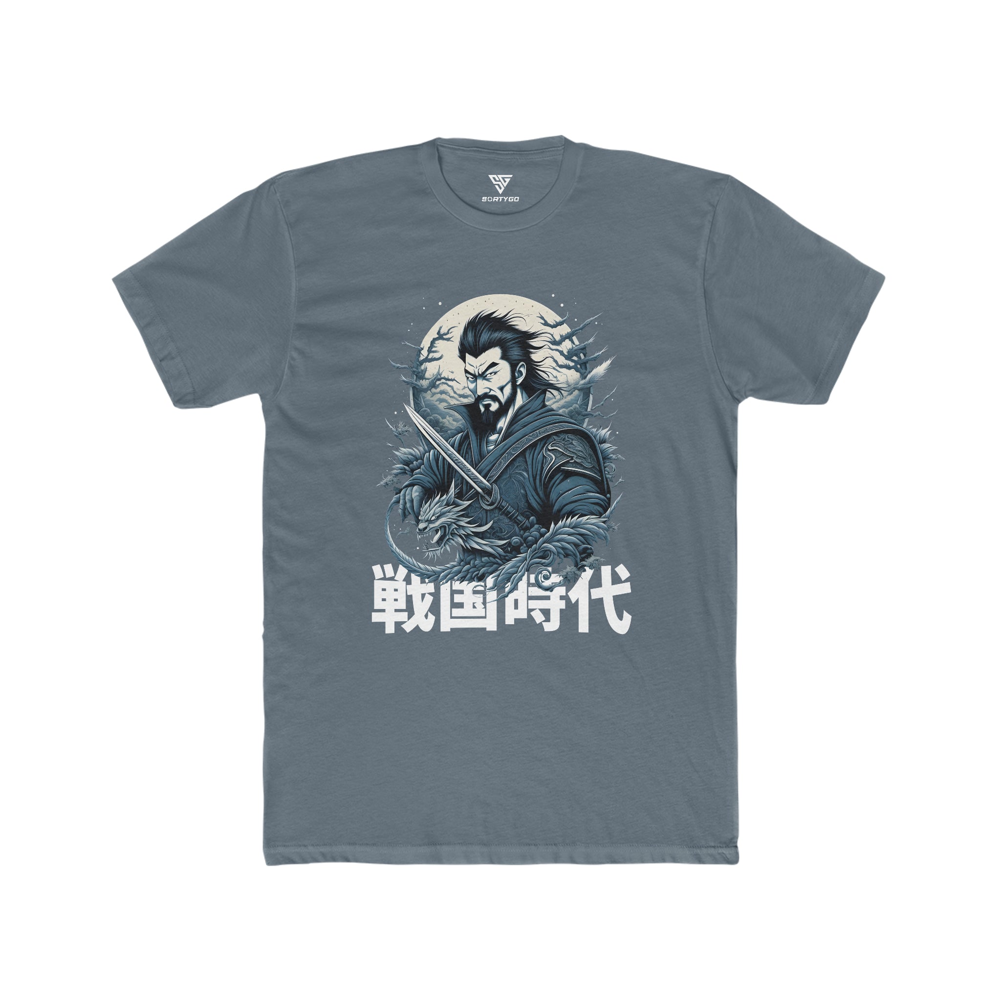 SORTYGO - Japanese Warrior Men Fitted T-Shirt in Solid Indigo