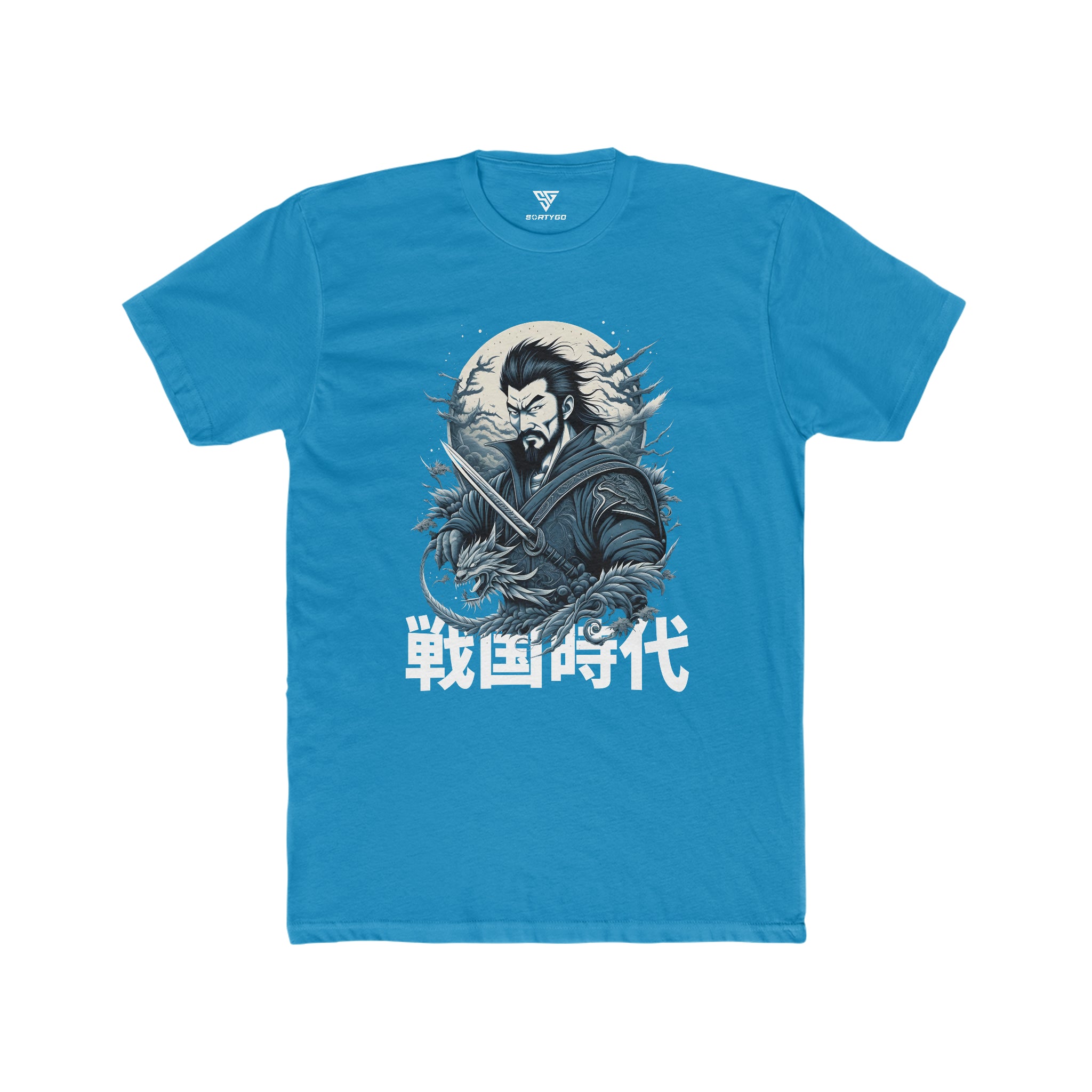 SORTYGO - Japanese Warrior Men Fitted T-Shirt in Solid Turquoise