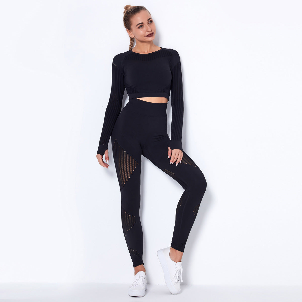 SORTYGO - Knitted Long Sleeve Yoga Wear Suit in Black