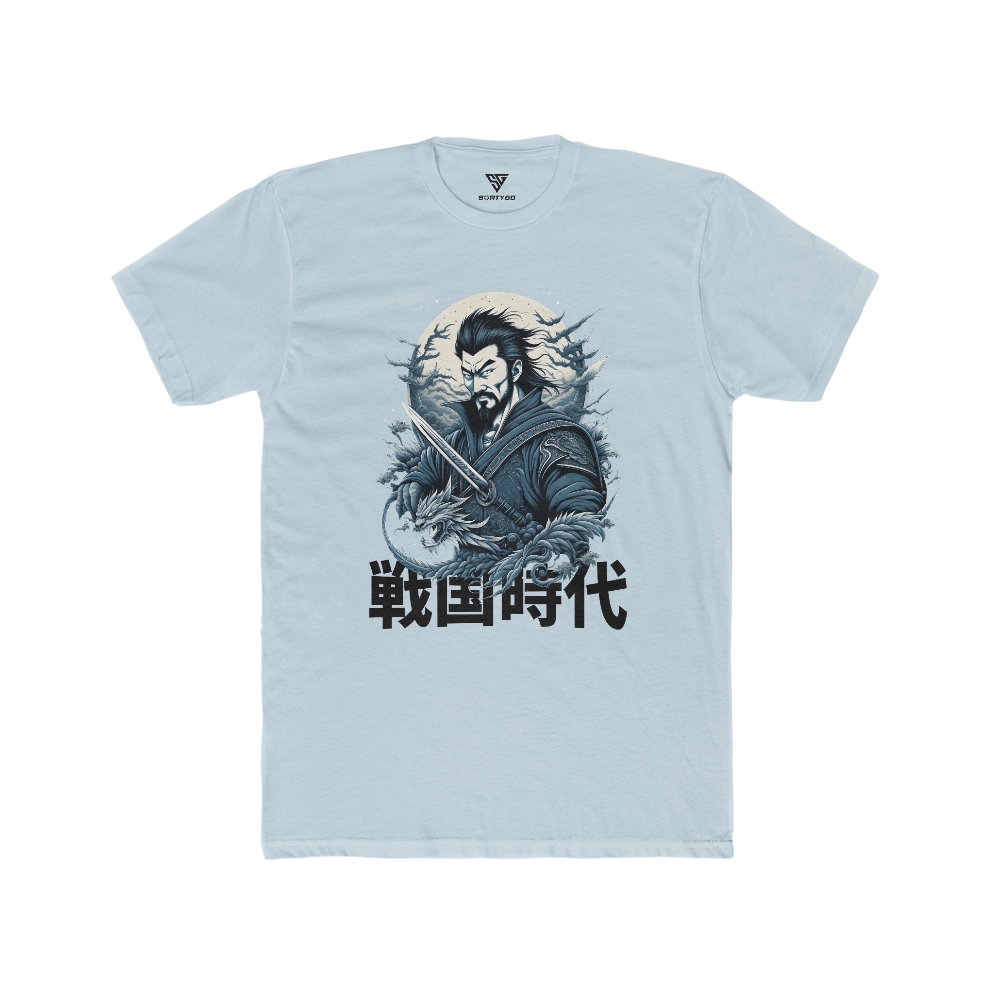 SORTYGO - Japanese Warrior Men Fitted T-Shirt in Solid Light Blue