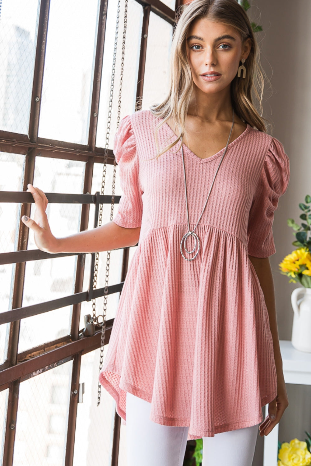 SORTYGO - Cozy Waffle Knit Babydoll Top in ROSE