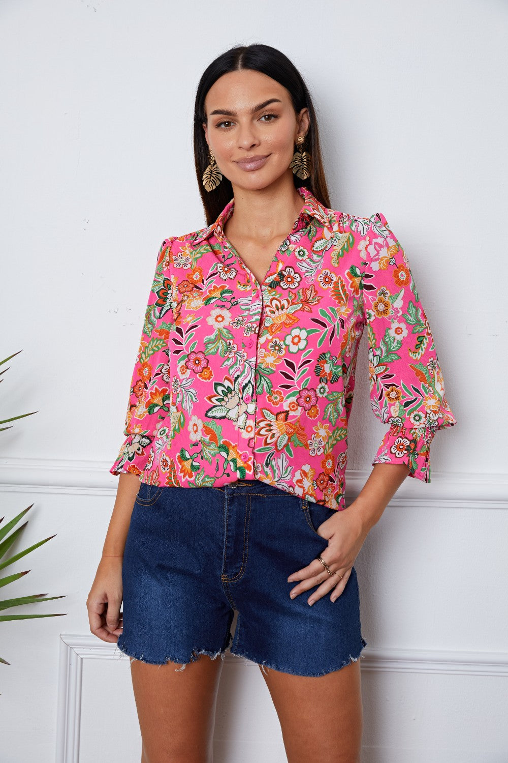 SORTYGO - Floral Button-Up Blouse in Deep Red