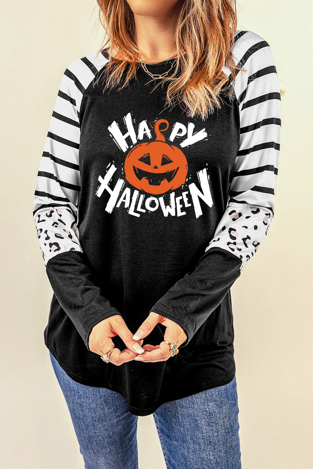 SORTYGO - Happy Halloween Striped Sleeve Long Sleeve T-Shirt in Black