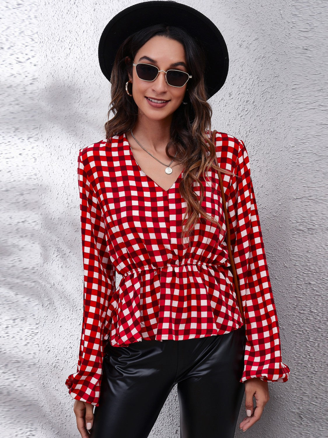 SORTYGO - Red Gingham Peplum Blouse in Deep Red