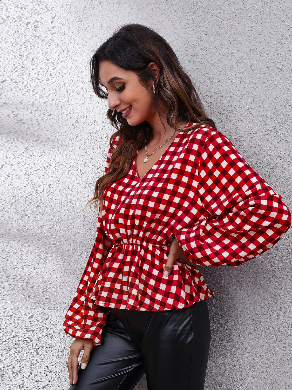 SORTYGO - Red Gingham Peplum Blouse in