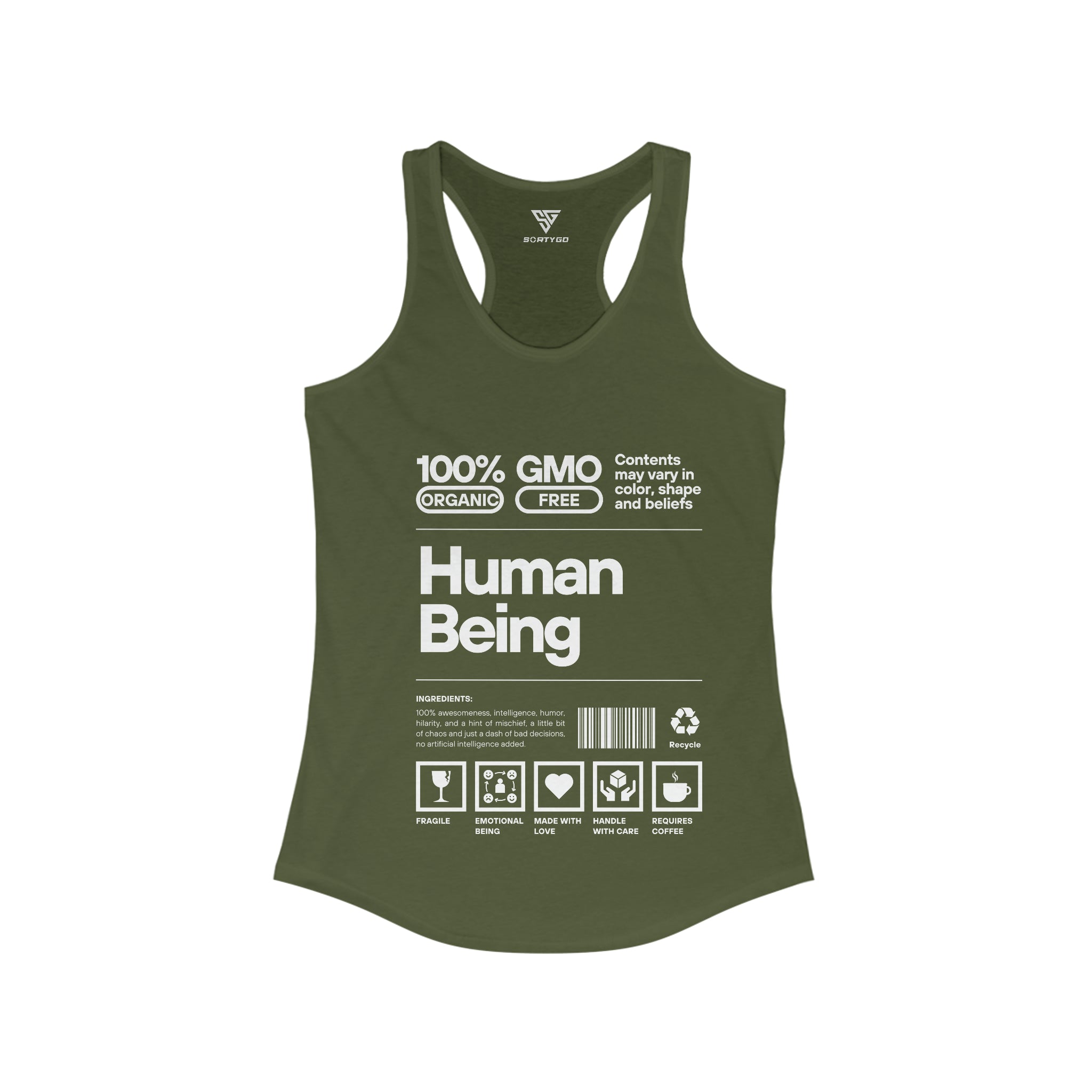 SORTYGO - Cute Human Being Women Ideal Racerback Tank in Solid Military Green