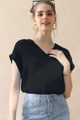 SORTYGO - Effortlessly Chic V-Neck Trim Rolled Sleeve Shirt in BLACK