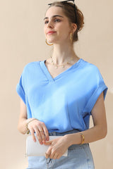 SORTYGO - Effortlessly Chic V-Neck Trim Rolled Sleeve Shirt in BLUE