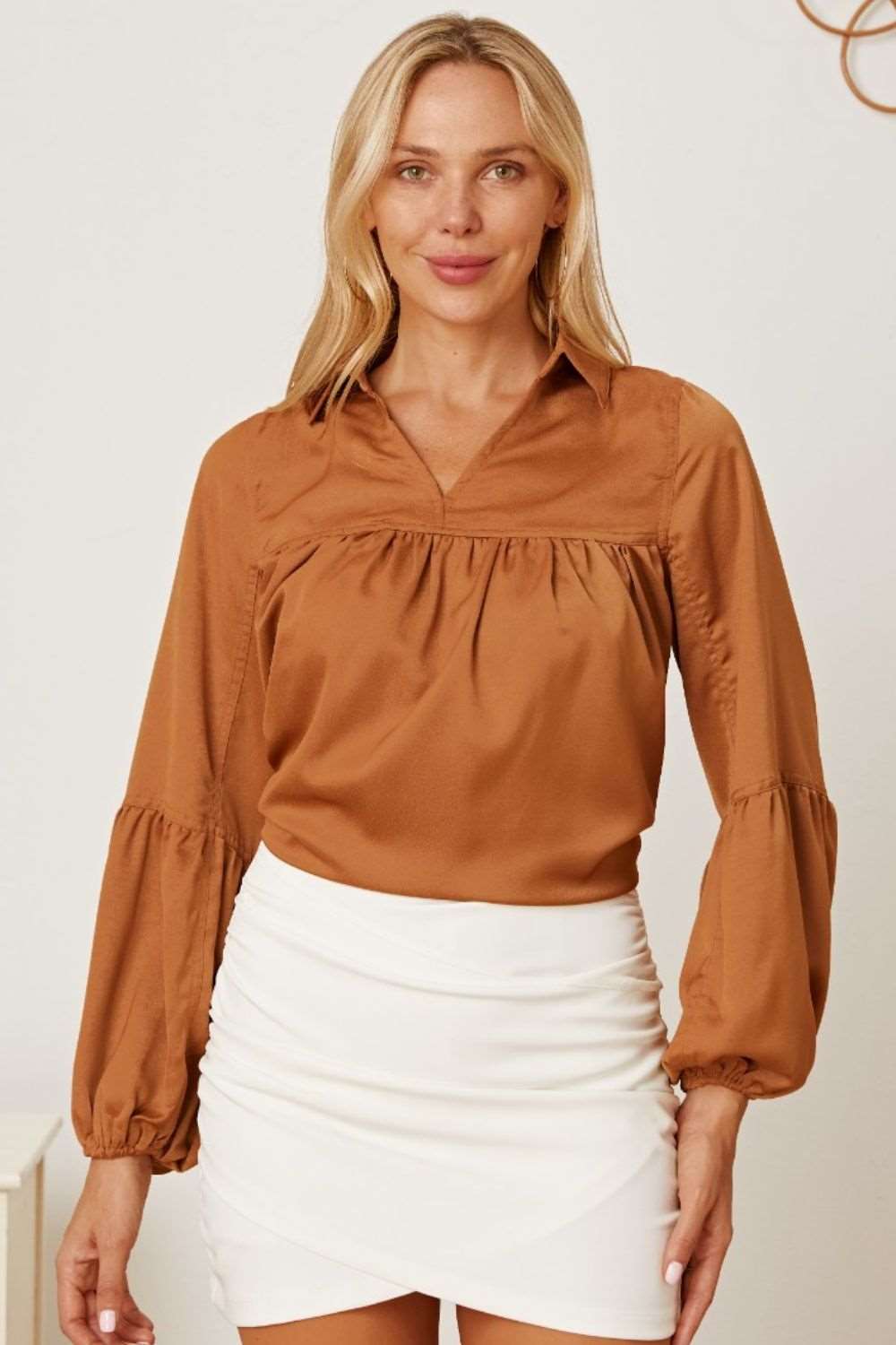 Balloon Sleeve Collared Neck Blouse - SORTYGO