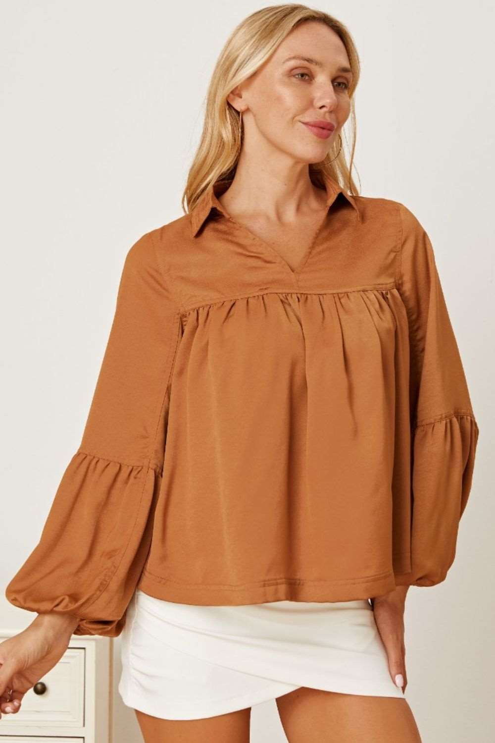 Balloon Sleeve Collared Neck Blouse - SORTYGO