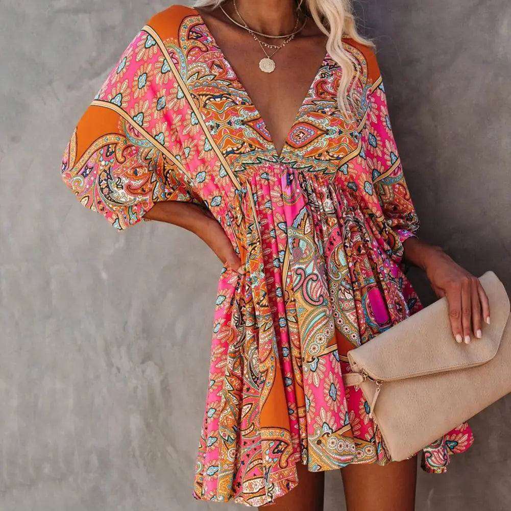 Bohemian Floral V-Neck Mini Dress - SORTYGO