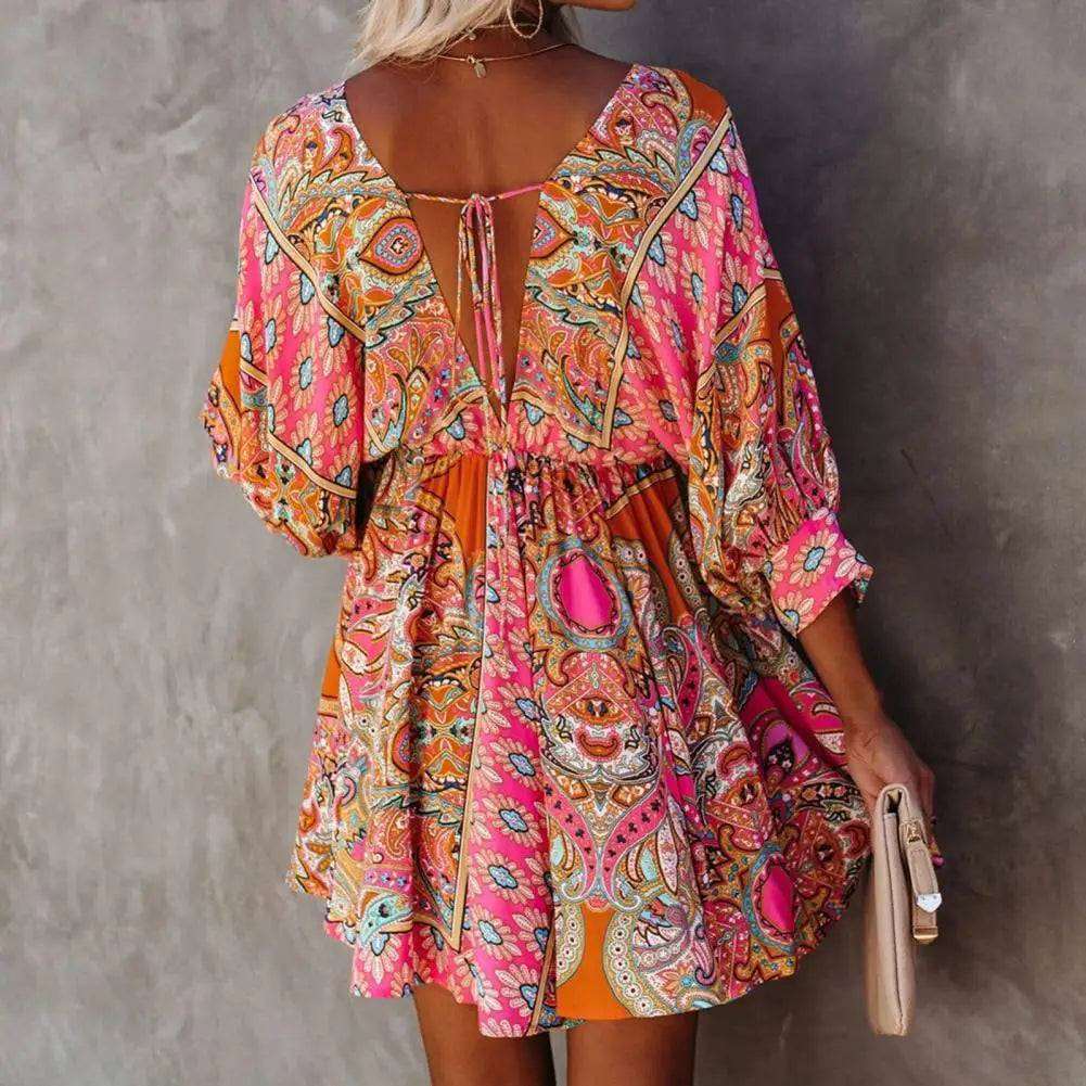 Bohemian Floral V-Neck Mini Dress - SORTYGO