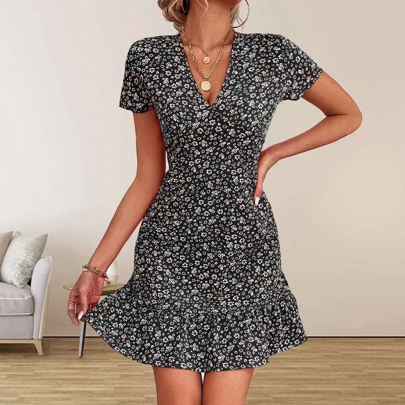 Boho Floral V-Neck Ruffle Mini Dress - SORTYGO