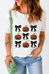 Chic Halloween Bow and Pumpkin Graphic T-Shirt - SORTYGO