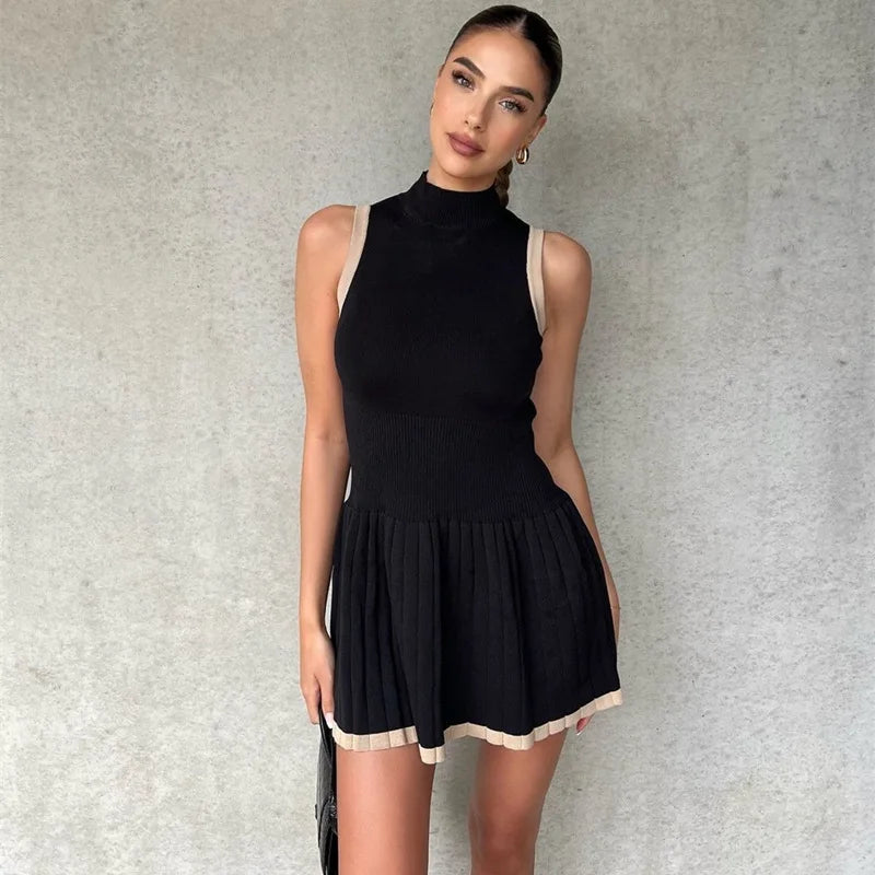 Chic Mock Neck Sleeveless Pleated Mini Dress - SORTYGO