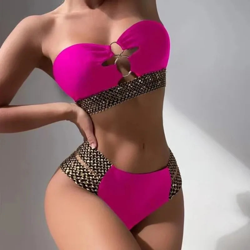 SORTYGO - Elegant Cross Hollow Bikini Set in Rose Red