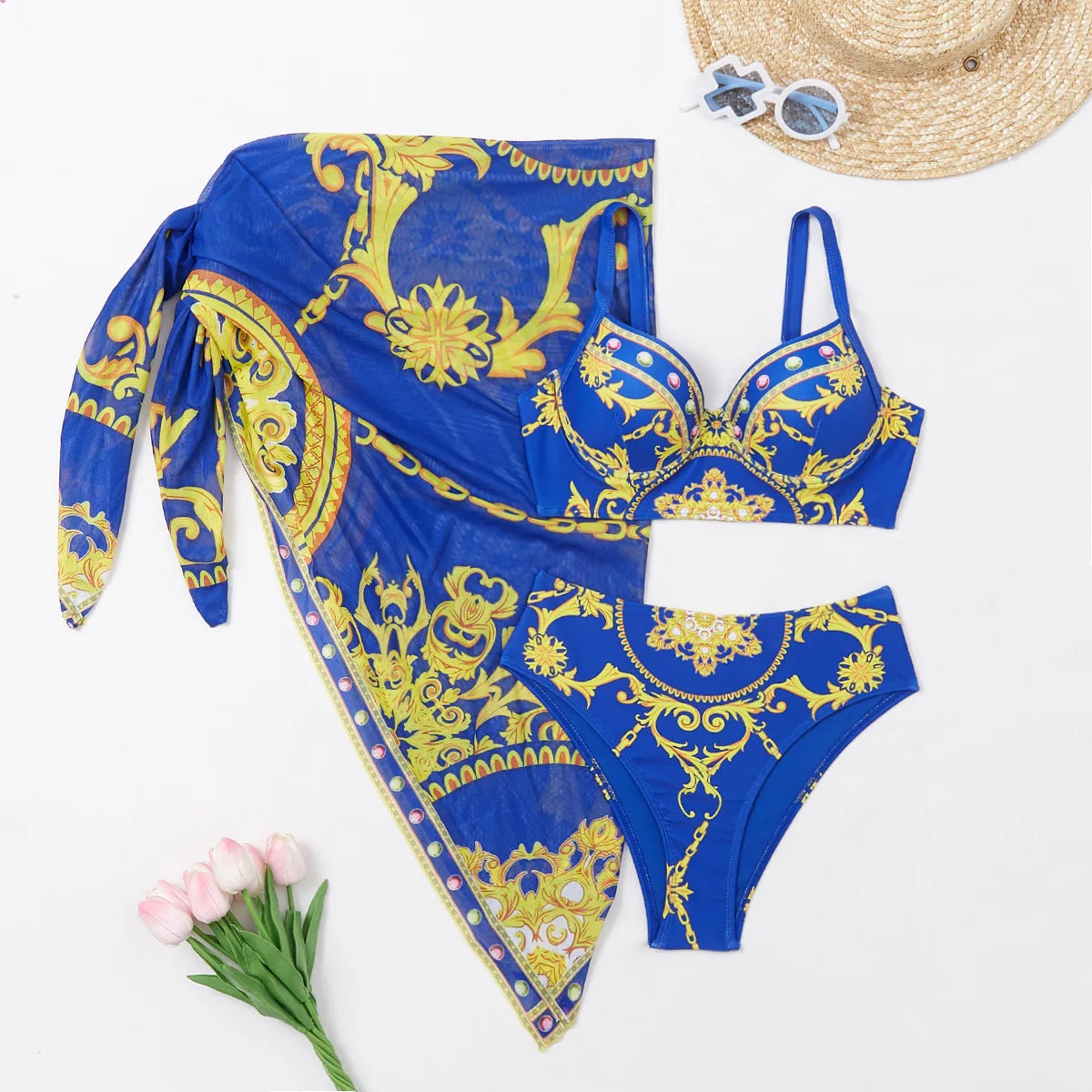 SORTYGO - Retro Waves Three-Piece Swimsuit Set in Blue