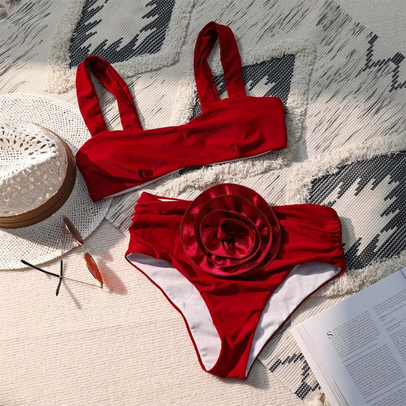 SORTYGO - Scarlet Rose 3D Flower Bikini Set in Red