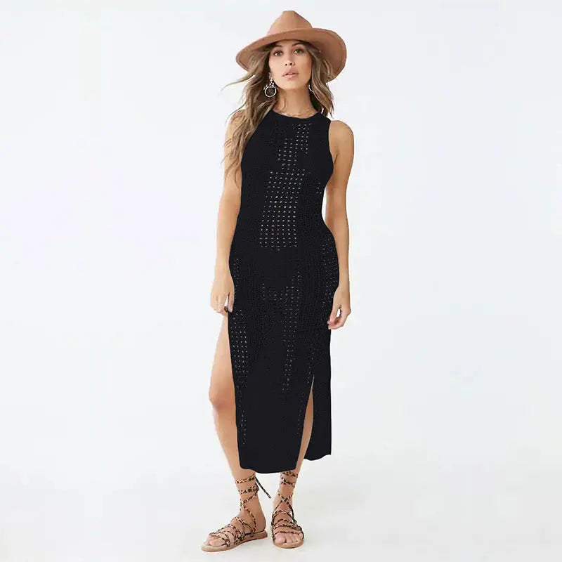 SORTYGO - Crochet Mesh Beach Dress Sleeveless Hollow Out Wrap Cover-Up in Black One Size