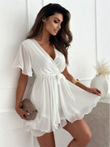 SORTYGO - Elegant V-Neck Chiffon Mini Dress in