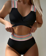 SORTYGO - Vibrant Patchwork High-Waisted Bikini Set in Black