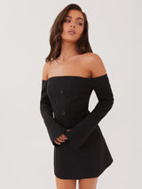 SORTYGO - Off-Shoulder Button-Up Mini Dress in Black