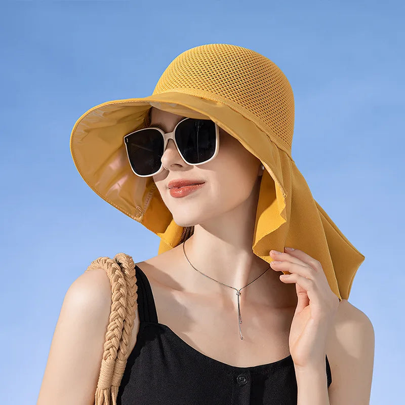 SORTYGO - Breathable Mesh Sun Hat with Elegant Neck Shawl in Yellow
