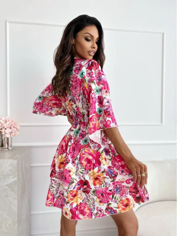 SORTYGO - Vibrant Floral Kimono Sleeve Mini Dress in