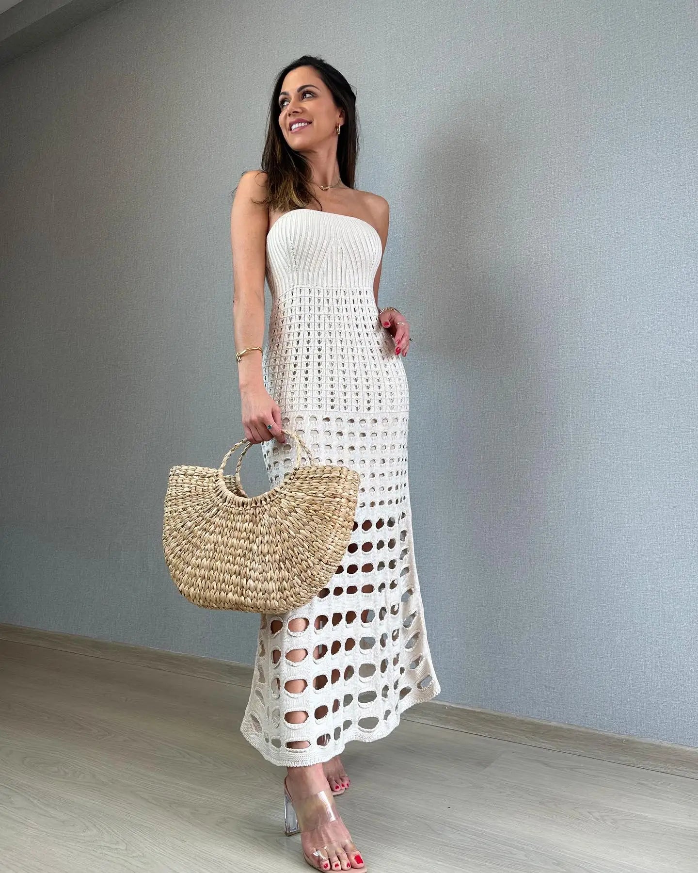 SORTYGO - Elegant Hollow Knit Beach Dress Strapless in WHITE