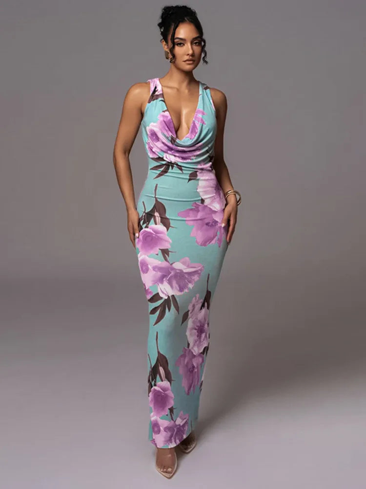 SORTYGO - Floral Print Backless Maxi Dress in Blue