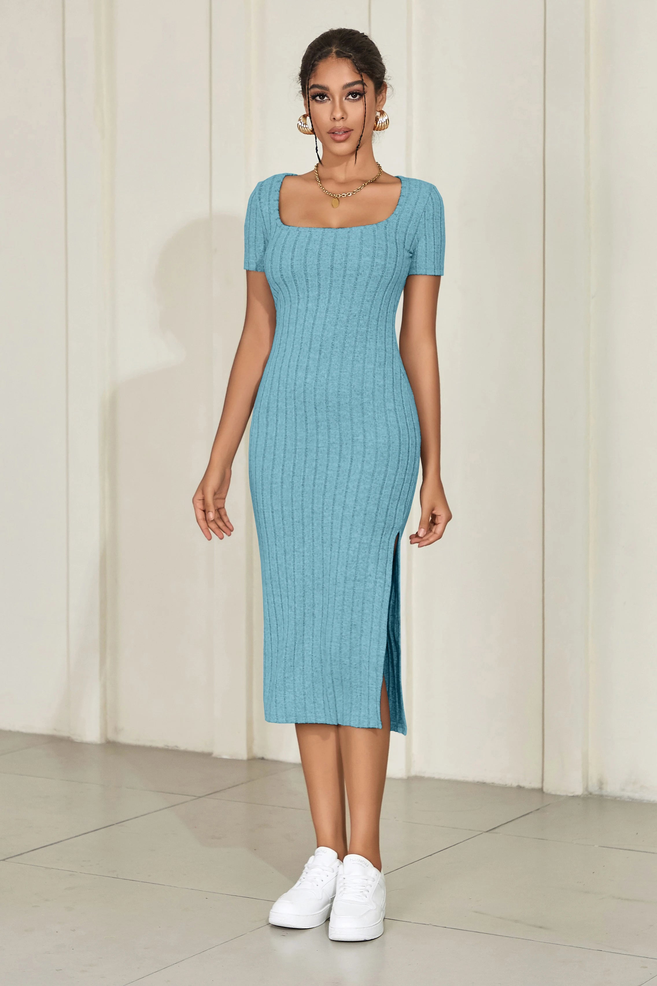 SORTYGO - Elegant Ribbed Square Neck Sheath Dress in Lake Blue