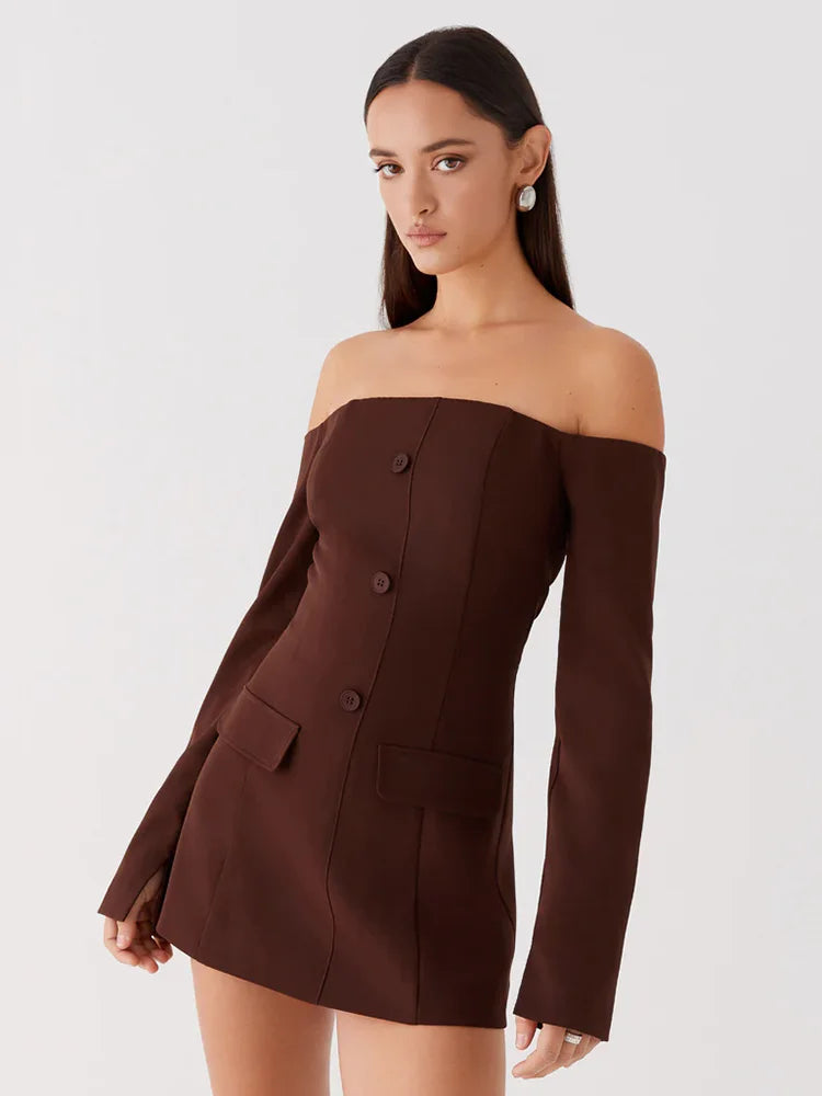 SORTYGO - Off-Shoulder Button-Up Mini Dress in Brown