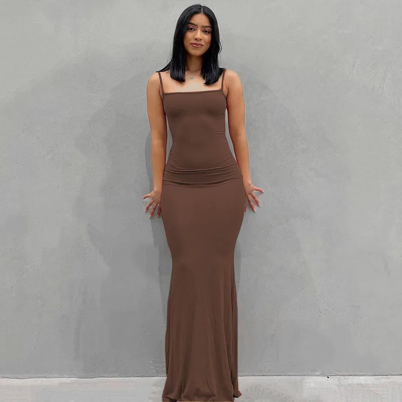 SORTYGO - Elegant Spaghetti Strap Mermaid Maxi Dress in Brown