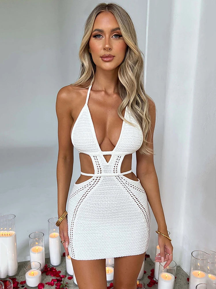 SORTYGO - Allure Halter Knit Mini Dress in White 1