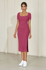 SORTYGO - Elegant Ribbed Square Neck Sheath Dress in Rose Red