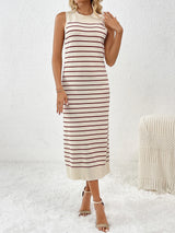 SORTYGO - Striped Sleeveless Midi Dress in Coffee