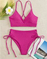 SORTYGO - High-Waist Lace-Up Bikini Set in Purplish Red