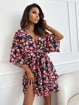 SORTYGO - Vibrant Floral Kimono Sleeve Mini Dress in Black