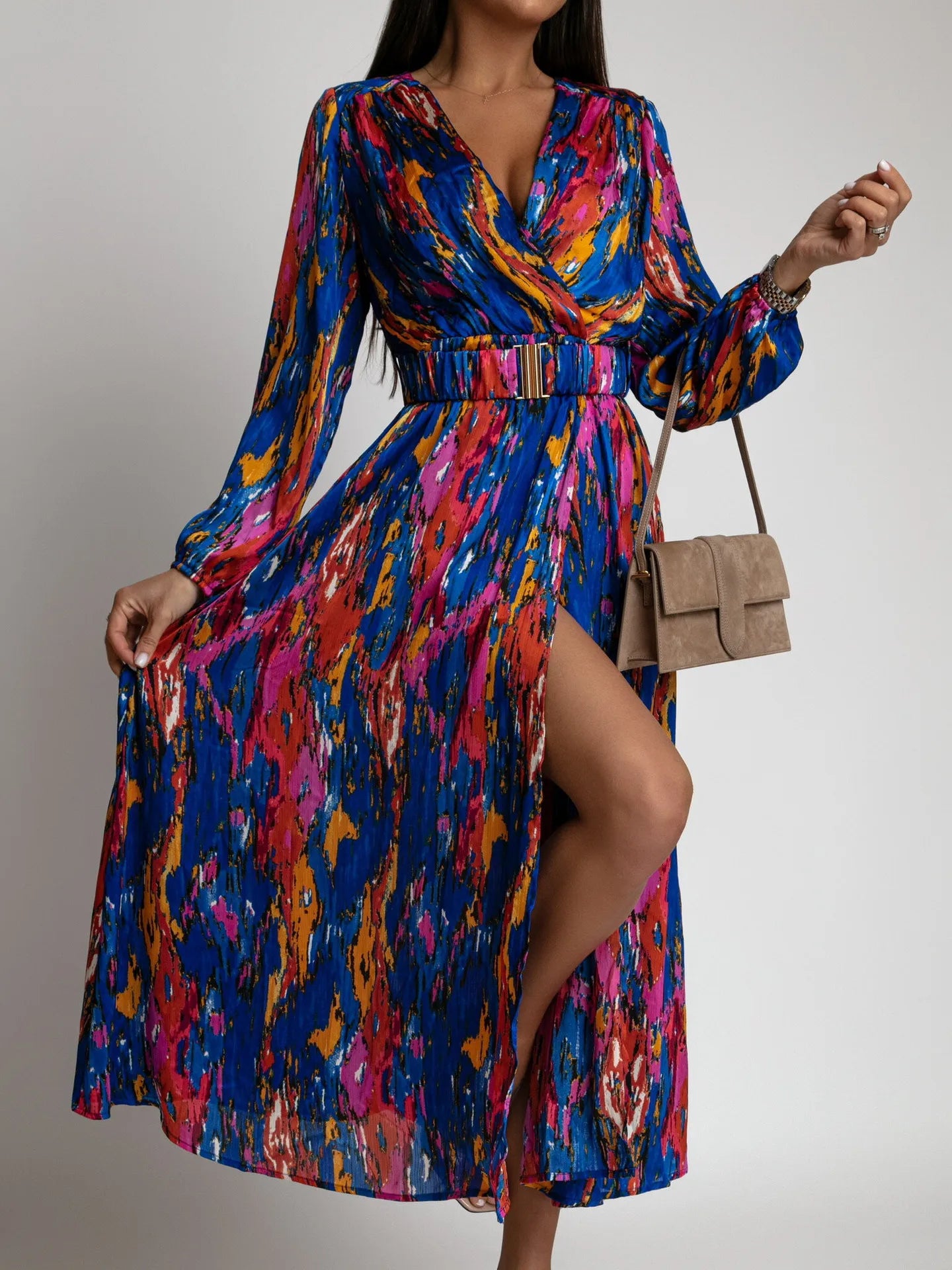 SORTYGO - Pink Paisley Print Long Sleeve Mid-Calf Dress in Blue