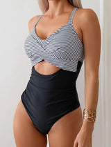 SORTYGO - Striped Elegance Cut-Out One-Piece Swimsuit in Black