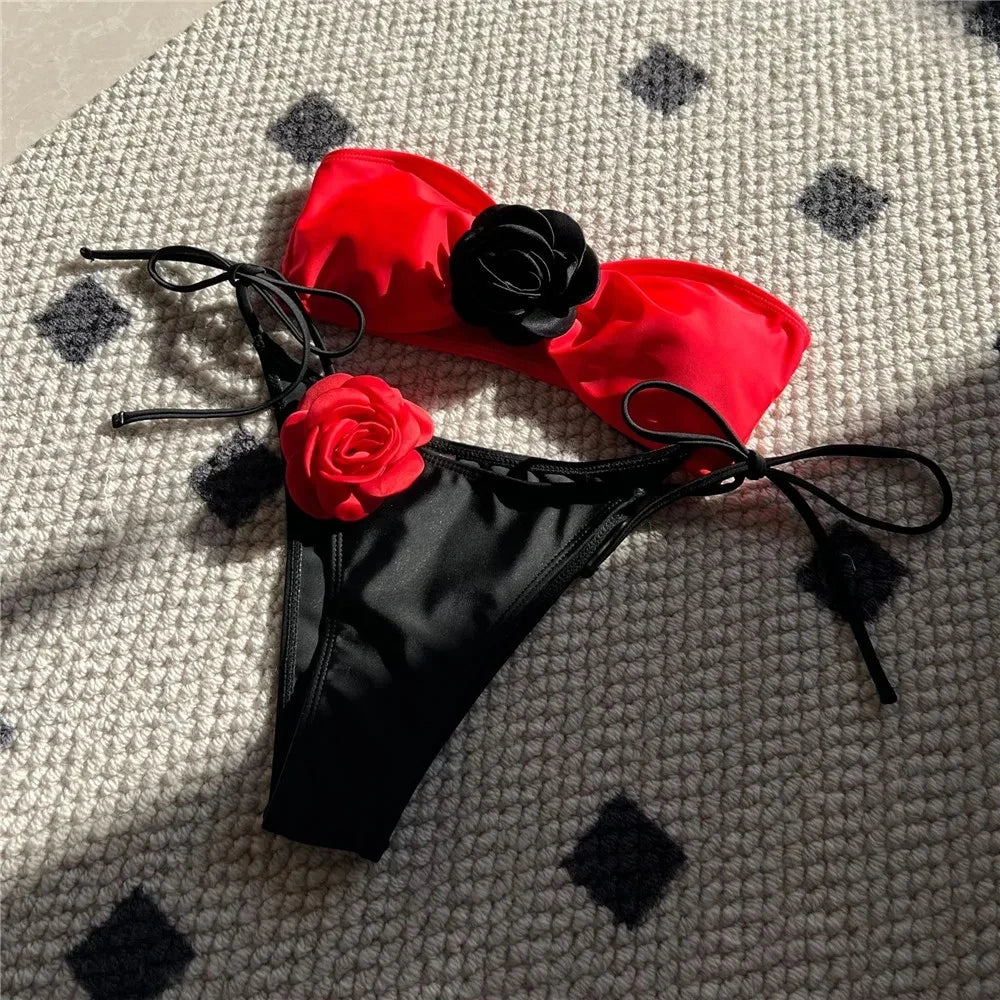 SORTYGO - Eclipse Bloom 3D Flower Bandeau Bikini Set in Red