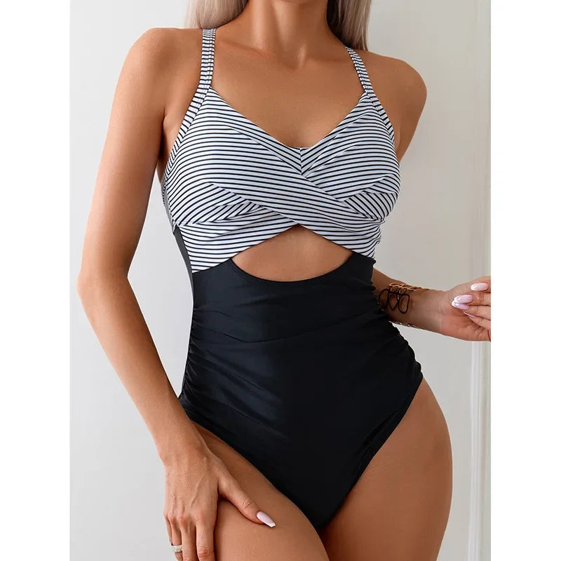 SORTYGO - Striped Elegance Cut-Out One-Piece Swimsuit in