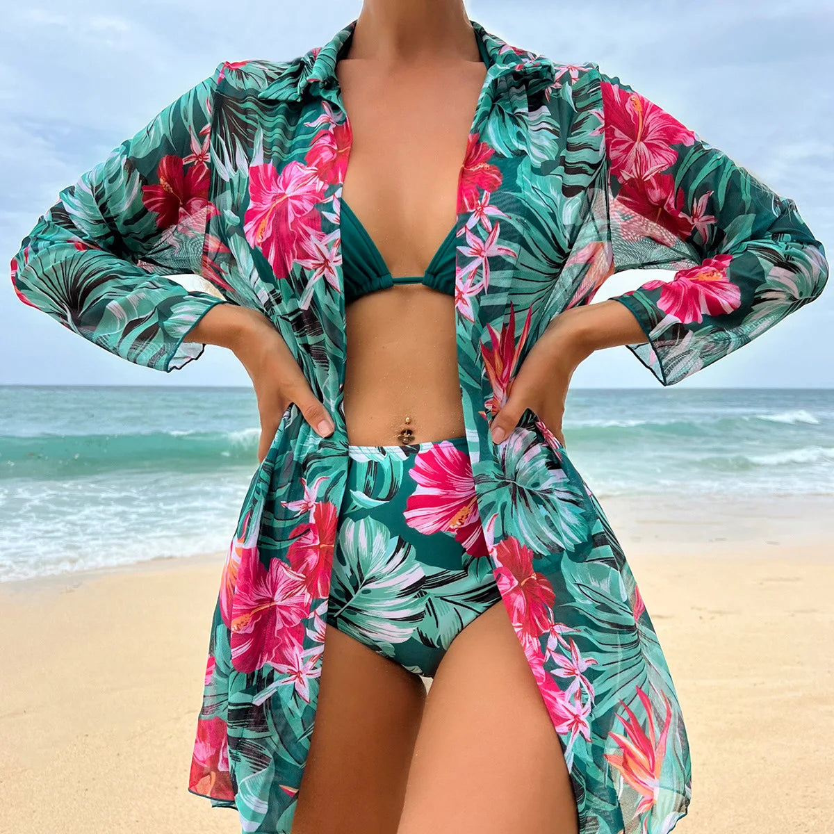 SORTYGO - Tropical Blossom Three-Piece Bikini Set in Green