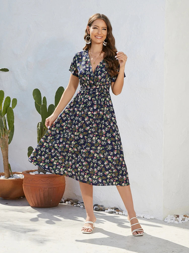 SORTYGO - Floral V-Neck Mid-Calf Dress in