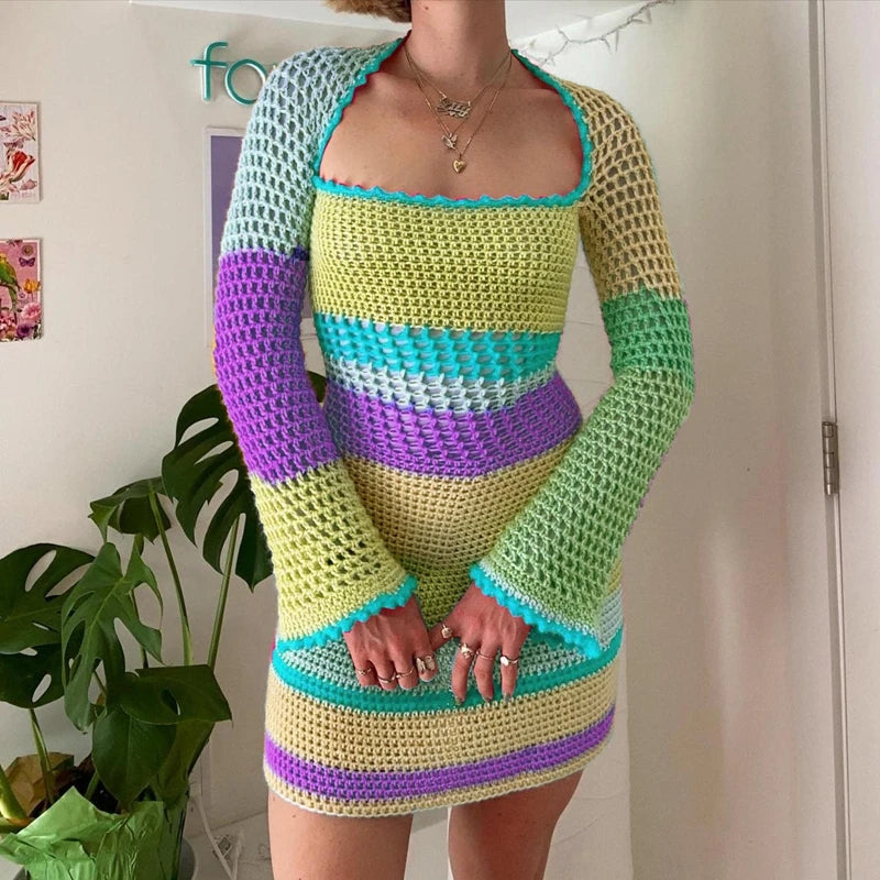 SORTYGO - Retro Colorful Knitted Mini Dress in B