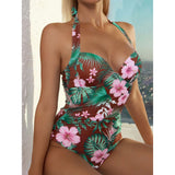 SORTYGO - Tropical Bloom Halter Neck One-Piece Swimsuit in Coffee