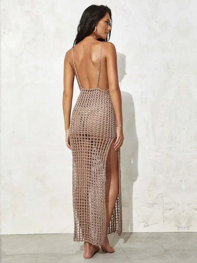 SORTYGO - Glamorous V-Neck Backless Knit Beach Maxi Dress in