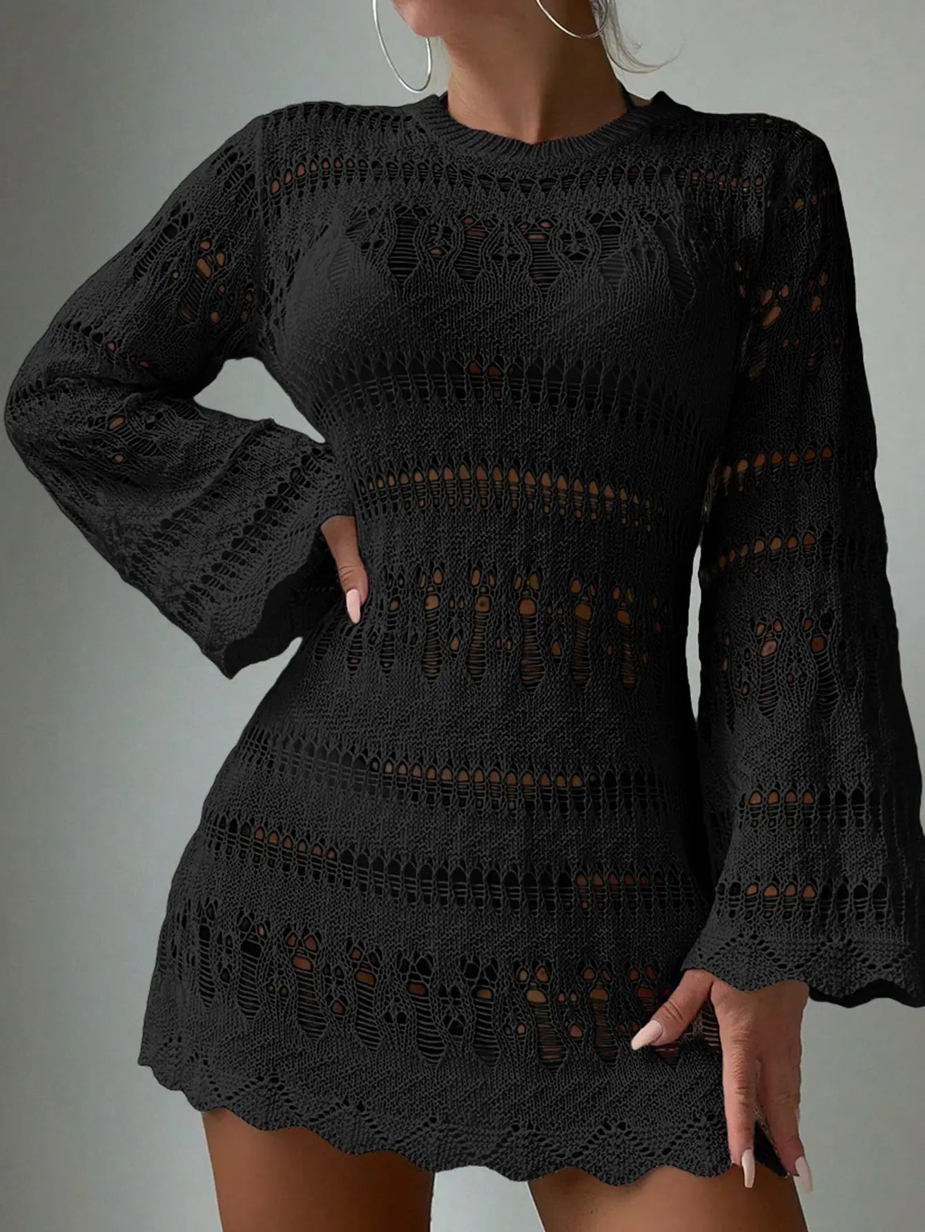 SORTYGO - Long Sleeve Knit Beach Dress in Black